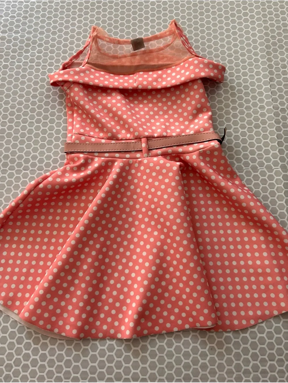 Sun Kids Coral Pink Polka Dot Fit & Flare Dress with Belt. Size 10